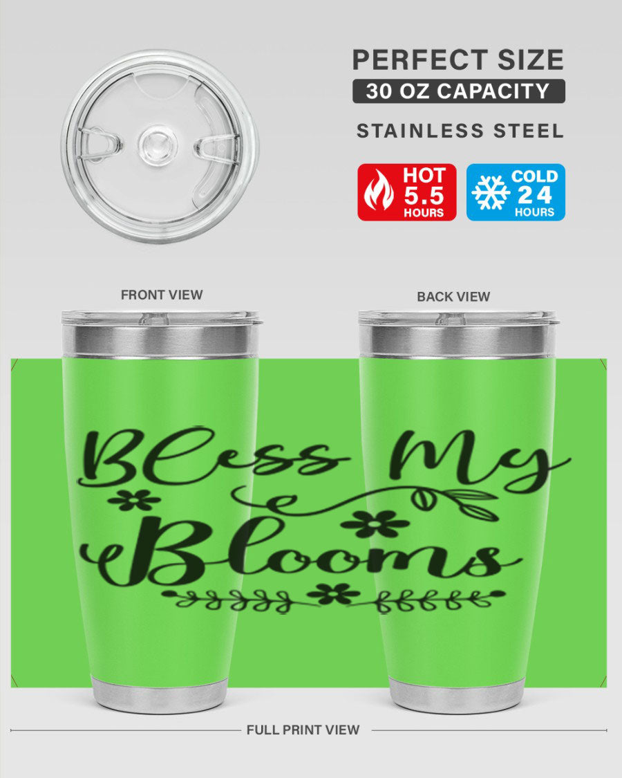 Bless My Blooms 20oz Tumbler featuring a double wall vacuum design with a copper lining, ideal for hot and cold beverages.