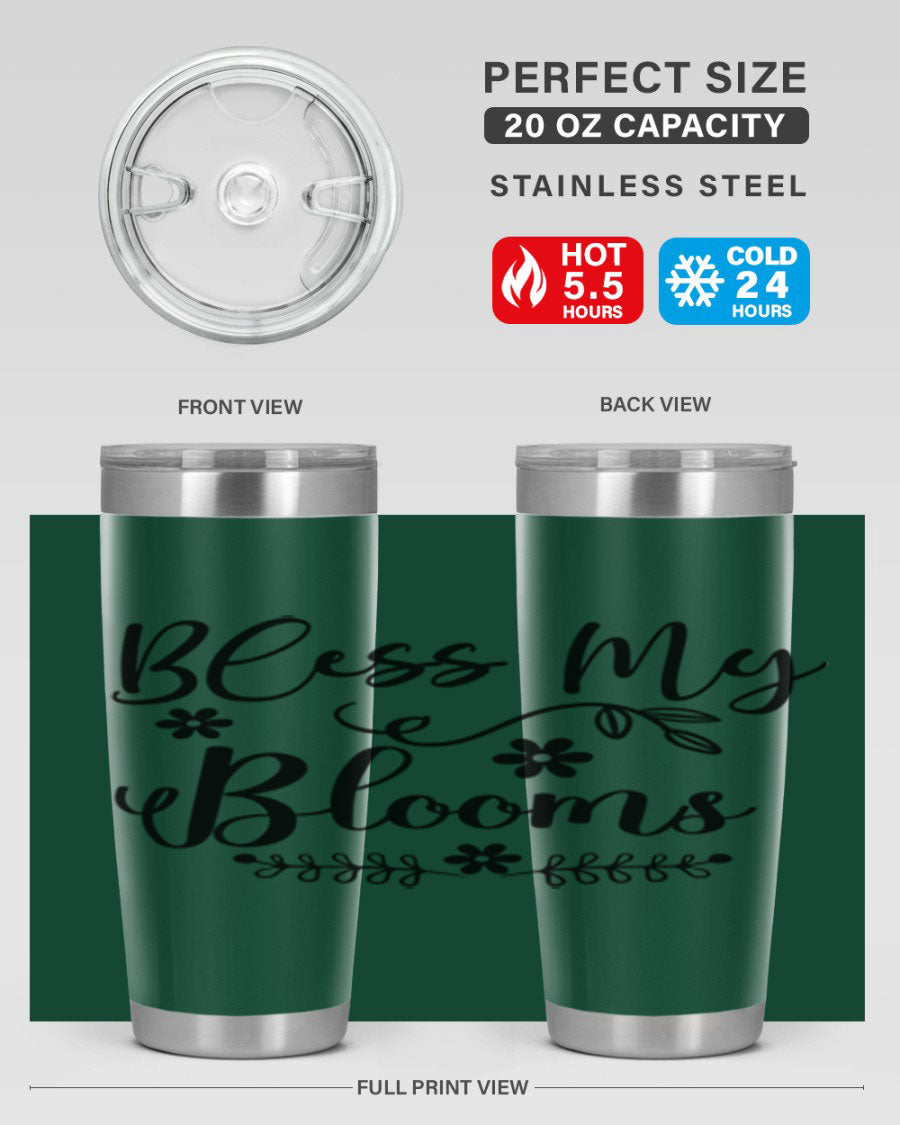 Bless My Blooms 20oz Tumbler featuring a double wall vacuum design with a copper lining, ideal for hot and cold beverages.