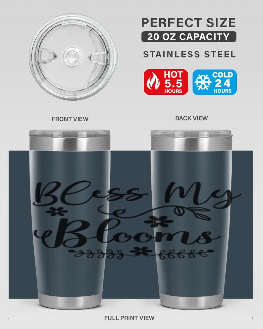 Bless My Blooms 20oz Tumbler featuring a double wall vacuum design with a copper lining, ideal for hot and cold beverages.