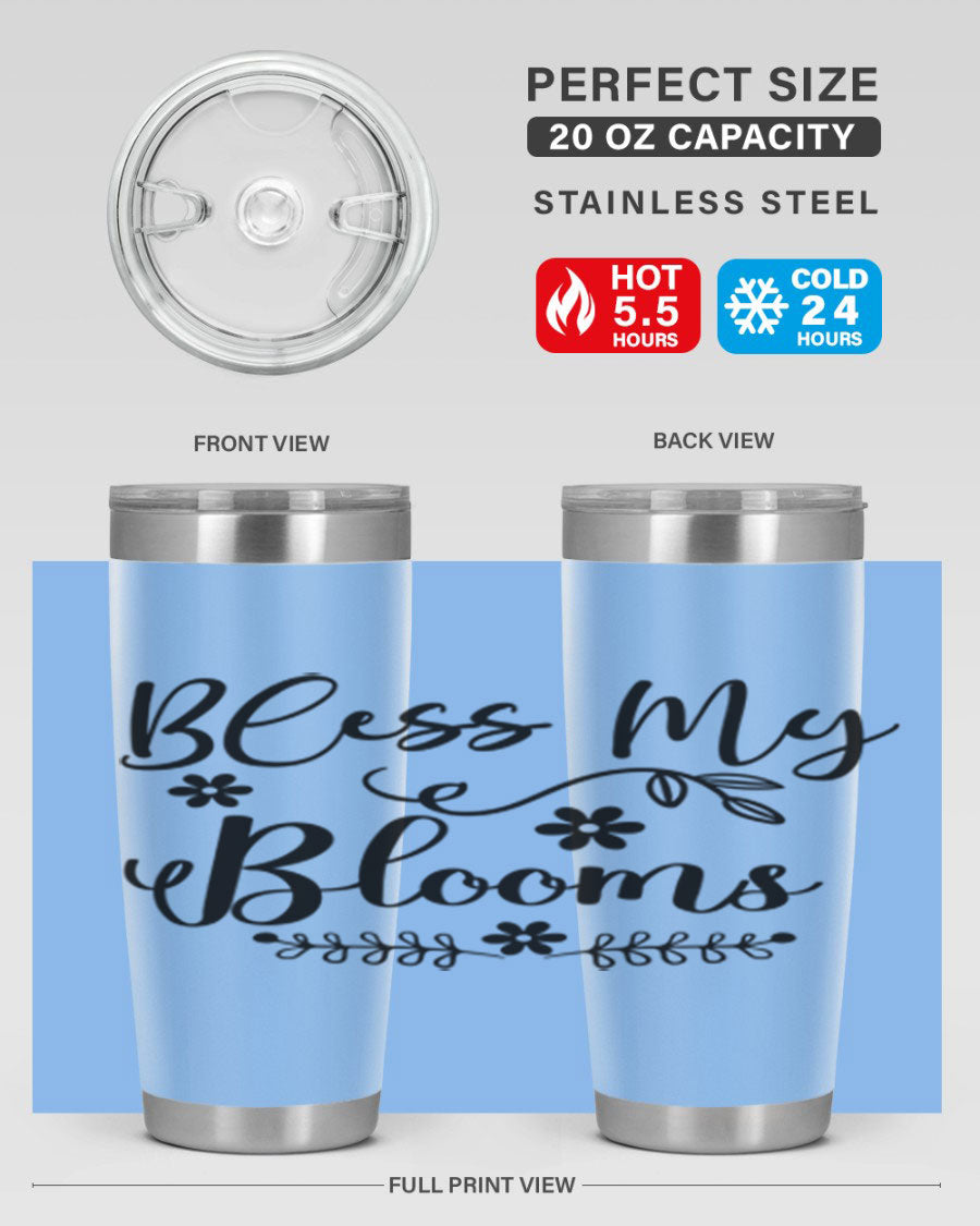 Bless My Blooms 20oz Tumbler featuring a double wall vacuum design with a copper lining, ideal for hot and cold beverages.