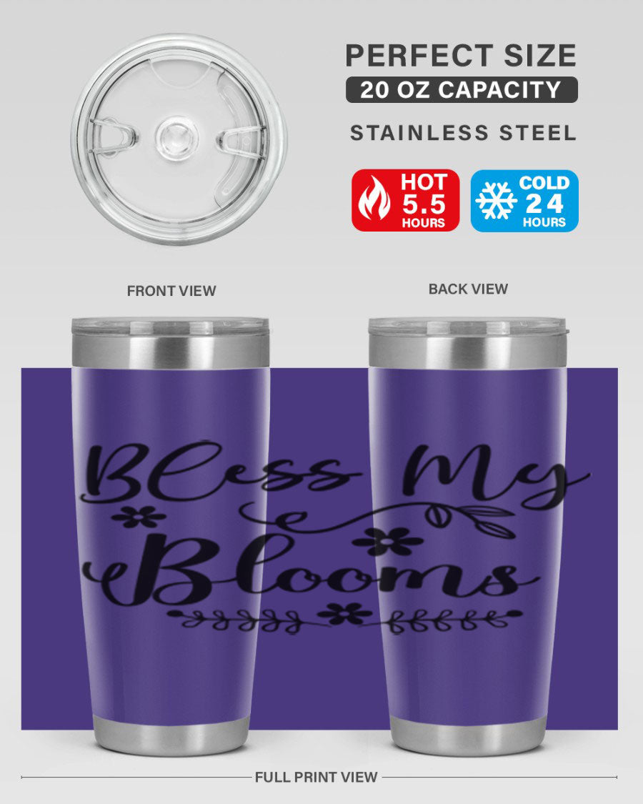 Bless My Blooms 20oz Tumbler featuring a double wall vacuum design with a copper lining, ideal for hot and cold beverages.