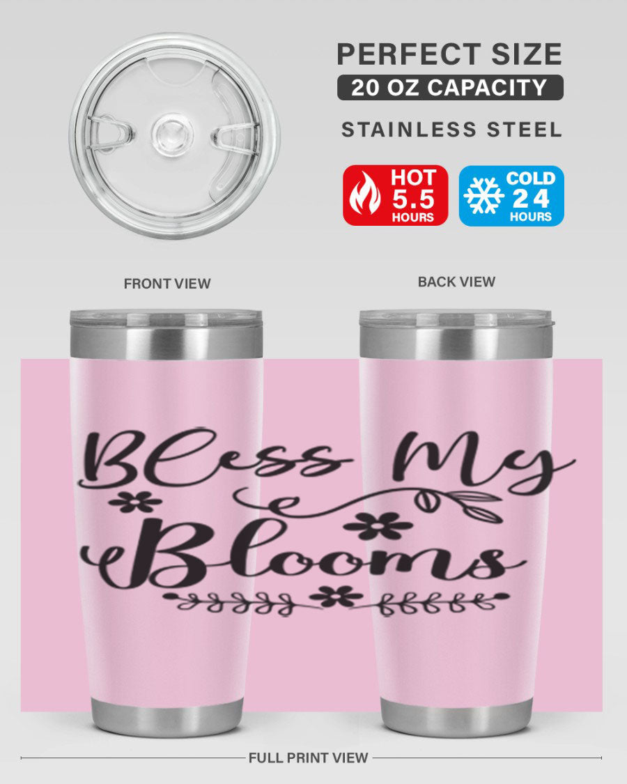Bless My Blooms 20oz Tumbler featuring a double wall vacuum design with a copper lining, ideal for hot and cold beverages.