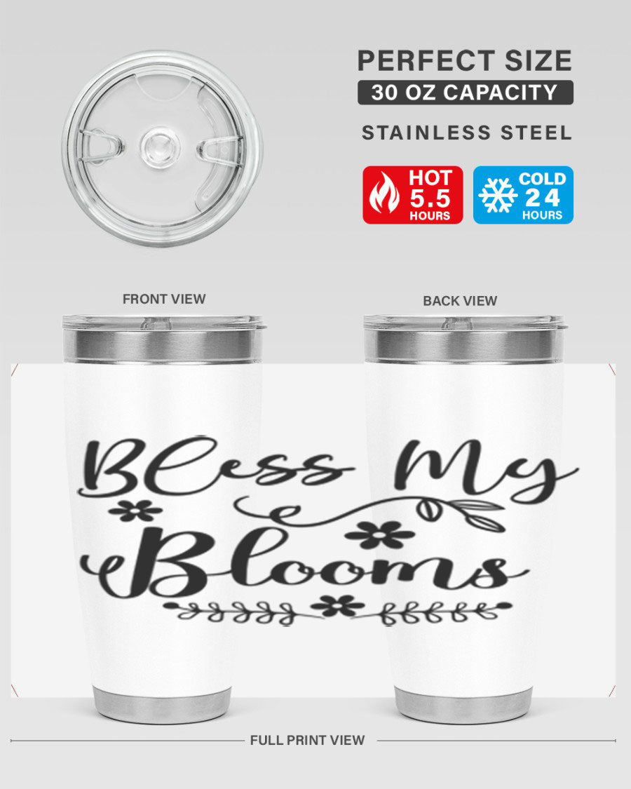 Bless My Blooms 20oz Tumbler featuring a double wall vacuum design with a copper lining, ideal for hot and cold beverages.
