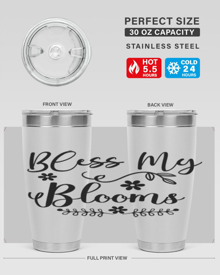 Bless My Blooms 20oz Tumbler featuring a double wall vacuum design with a copper lining, ideal for hot and cold beverages.