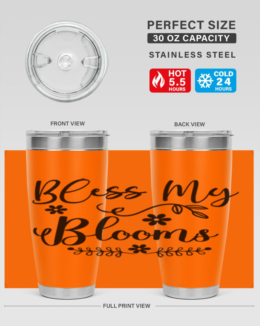 Bless My Blooms 20oz Tumbler featuring a double wall vacuum design with a copper lining, ideal for hot and cold beverages.