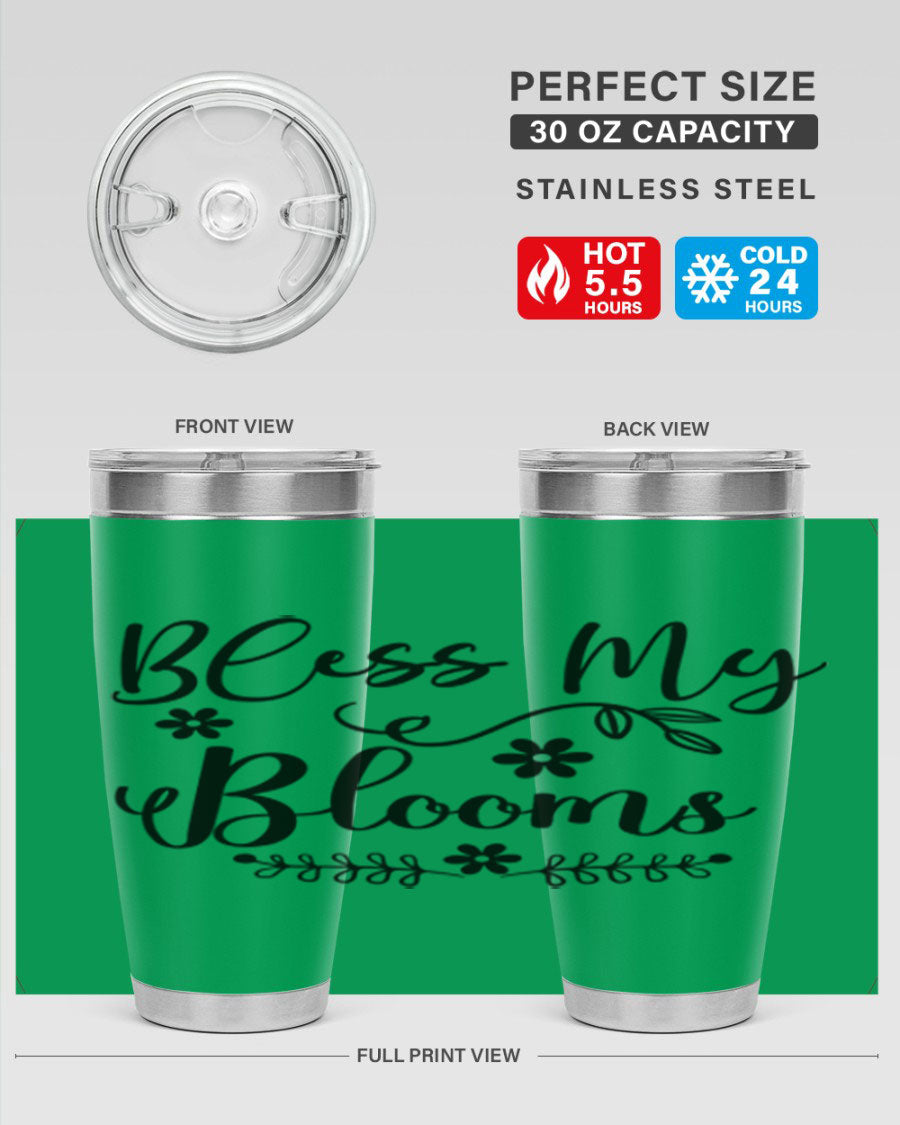 Bless My Blooms 20oz Tumbler featuring a double wall vacuum design with a copper lining, ideal for hot and cold beverages.