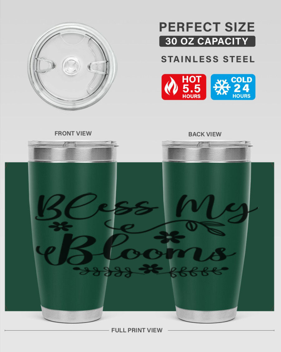Bless My Blooms 20oz Tumbler featuring a double wall vacuum design with a copper lining, ideal for hot and cold beverages.