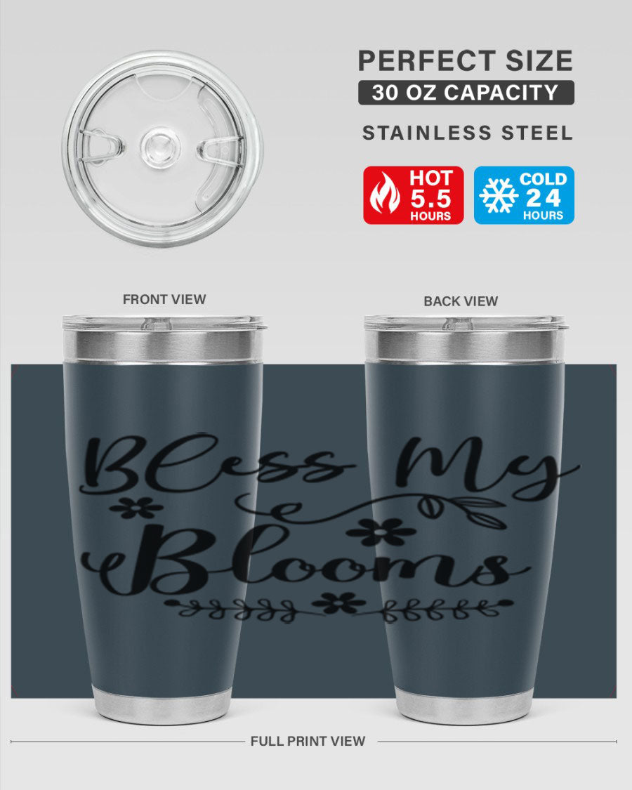 Bless My Blooms 20oz Tumbler featuring a double wall vacuum design with a copper lining, ideal for hot and cold beverages.
