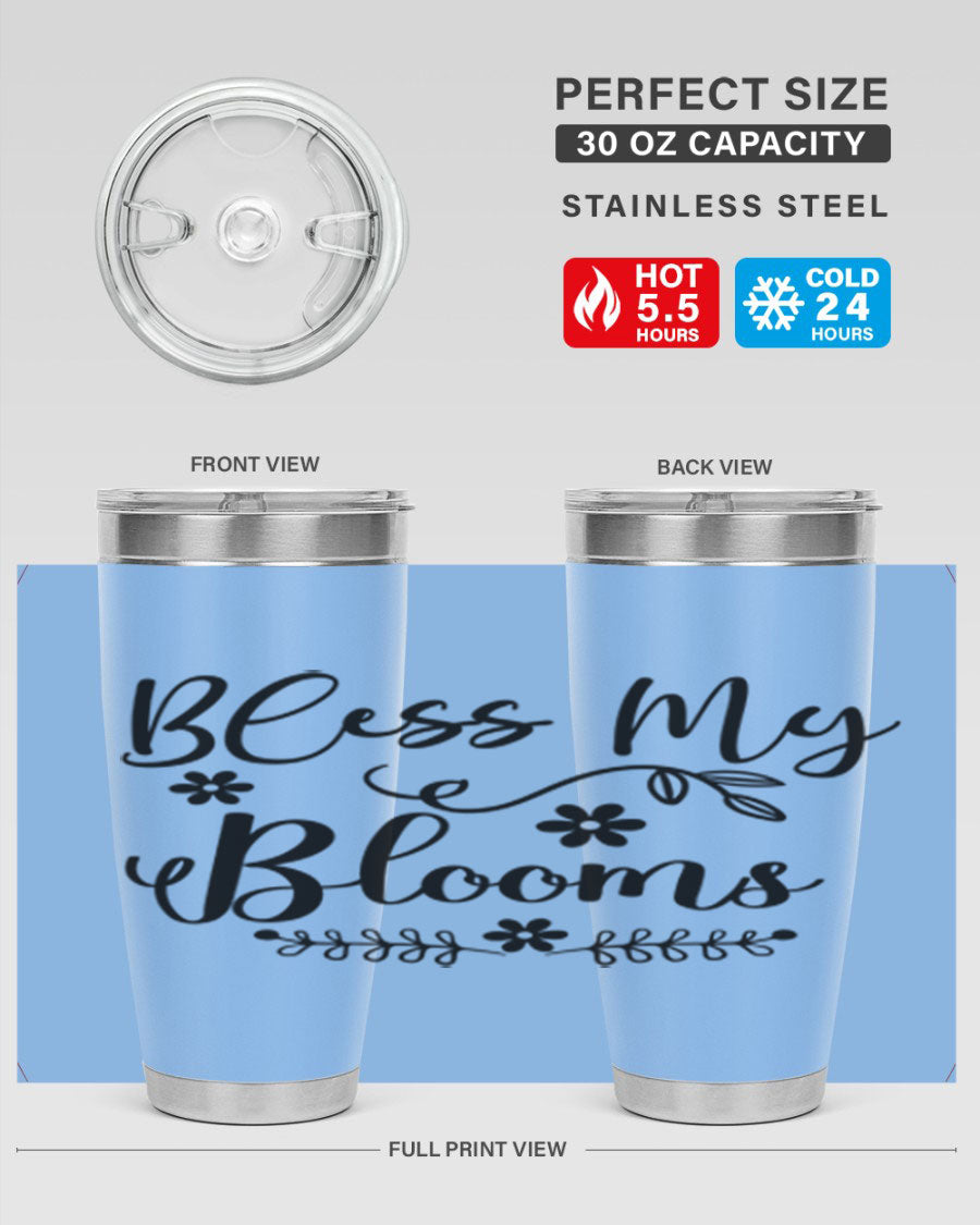 Bless My Blooms 20oz Tumbler featuring a double wall vacuum design with a copper lining, ideal for hot and cold beverages.