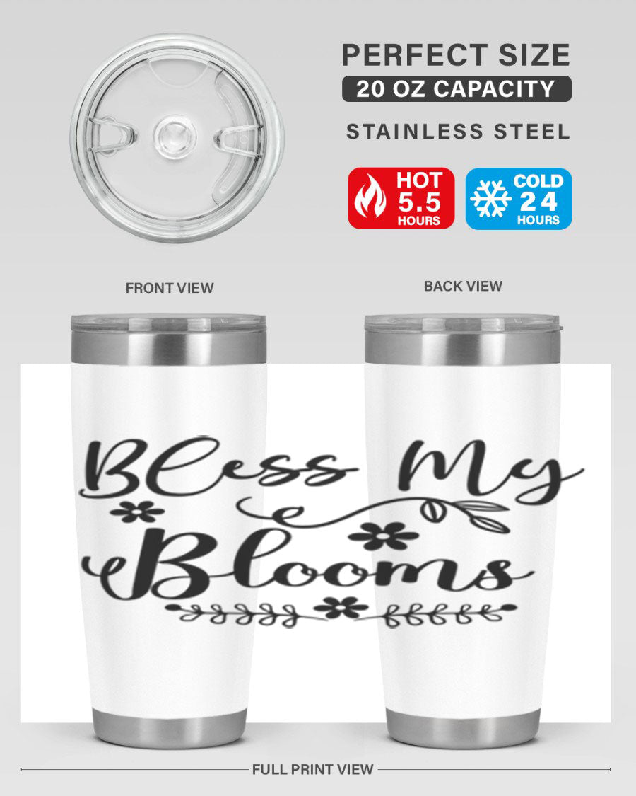 Bless My Blooms 20oz Tumbler featuring a double wall vacuum design with a copper lining, ideal for hot and cold beverages.
