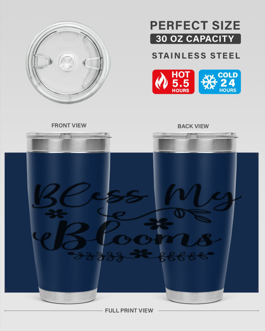 Bless My Blooms 20oz Tumbler featuring a double wall vacuum design with a copper lining, ideal for hot and cold beverages.
