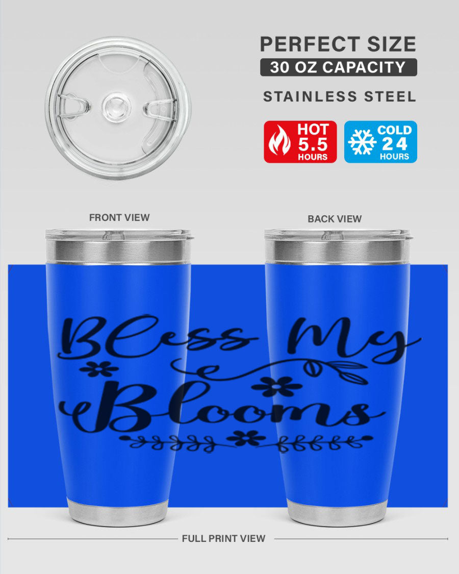 Bless My Blooms 20oz Tumbler featuring a double wall vacuum design with a copper lining, ideal for hot and cold beverages.