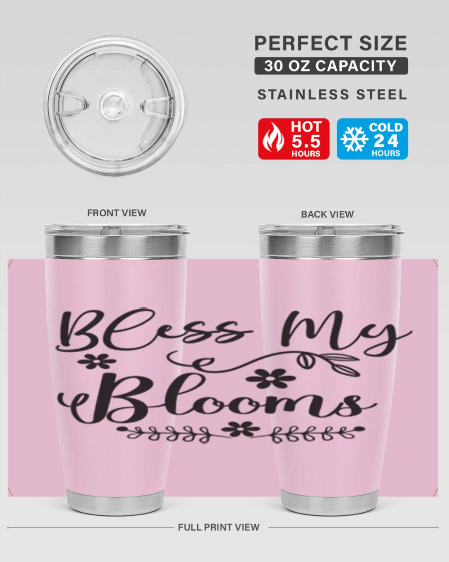 Bless My Blooms 20oz Tumbler featuring a double wall vacuum design with a copper lining, ideal for hot and cold beverages.