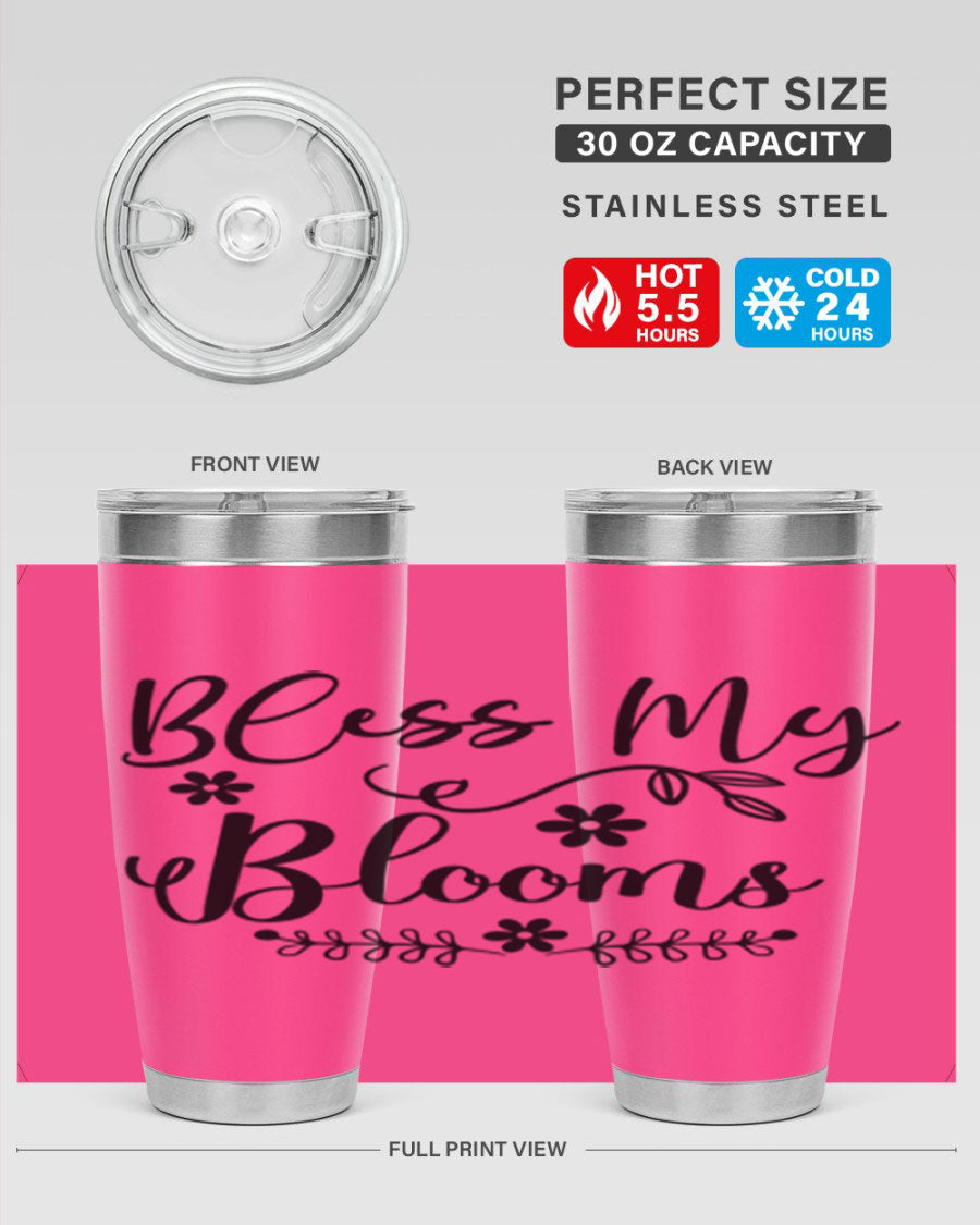 Bless My Blooms 20oz Tumbler featuring a double wall vacuum design with a copper lining, ideal for hot and cold beverages.