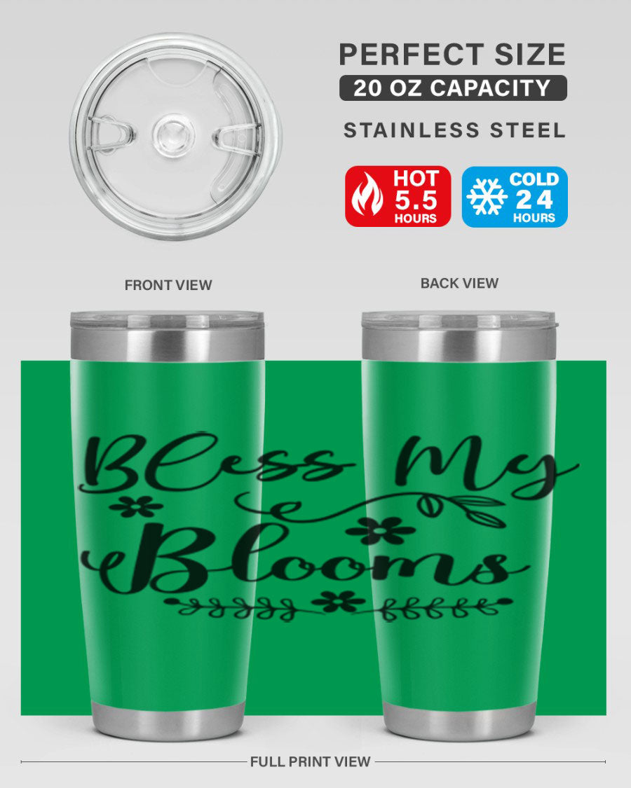 Bless My Blooms 20oz Tumbler featuring a double wall vacuum design with a copper lining, ideal for hot and cold beverages.