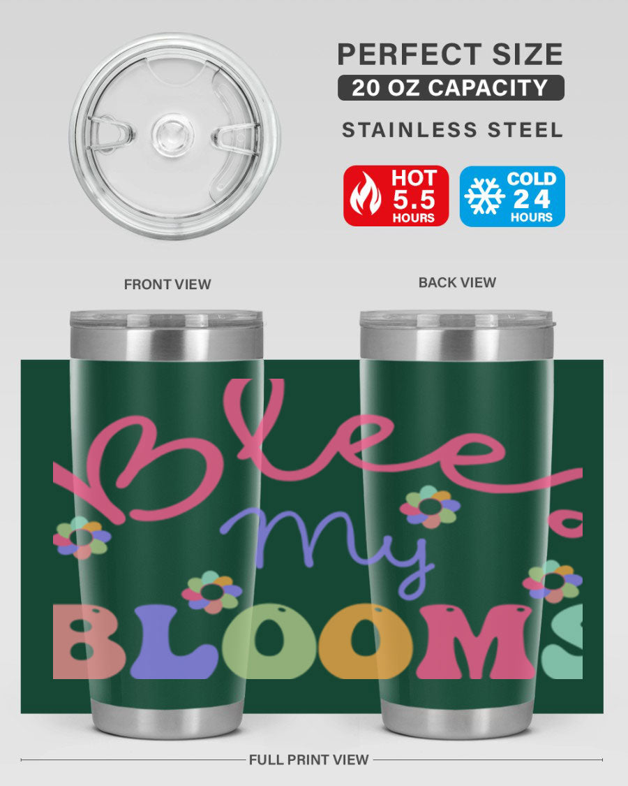 Blees my blooms36# Spring Tumbler in vibrant colors, showcasing its double wall vacuum stainless steel design and drink-thru lid.