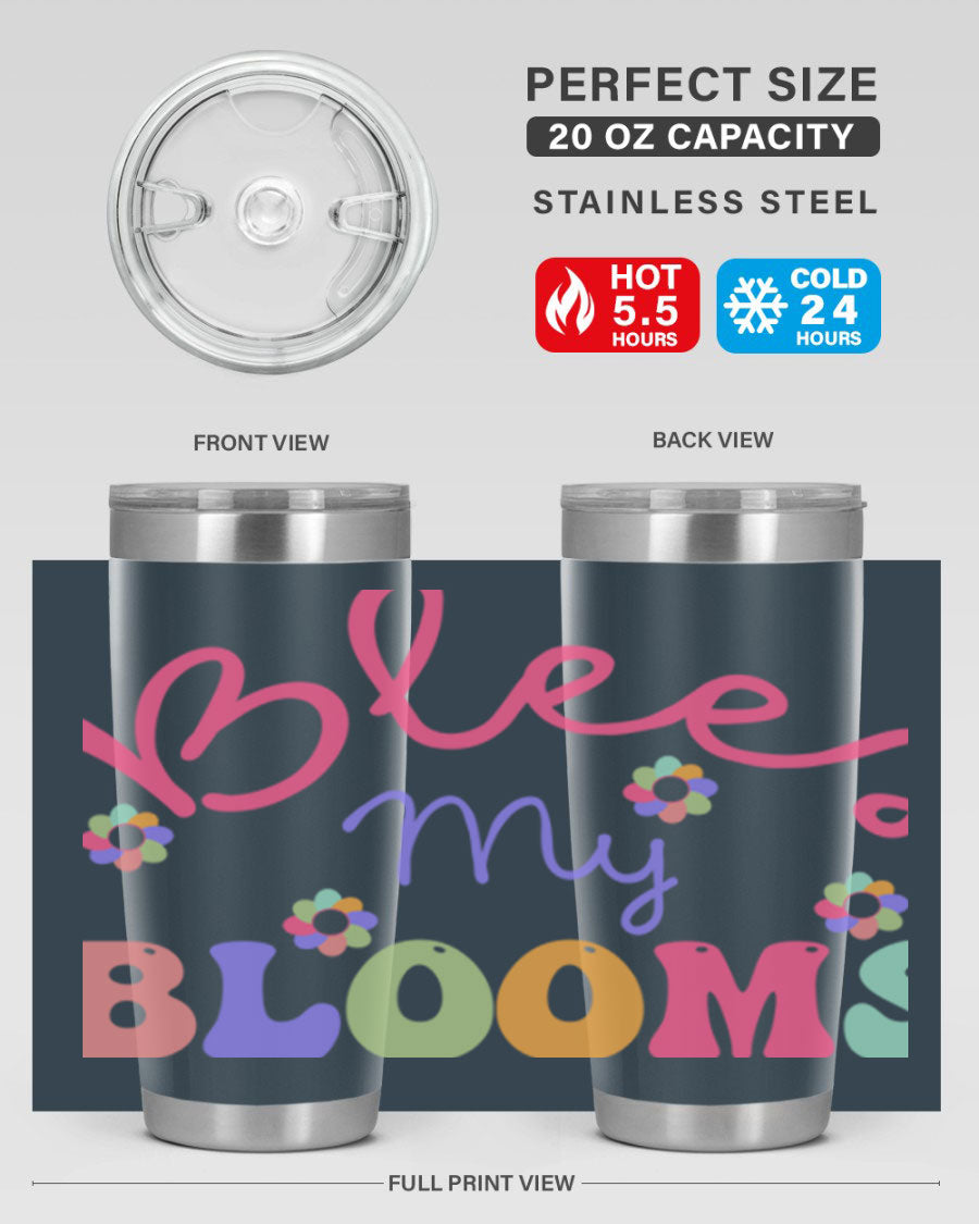 Blees my blooms36# Spring Tumbler in vibrant colors, showcasing its double wall vacuum stainless steel design and drink-thru lid.