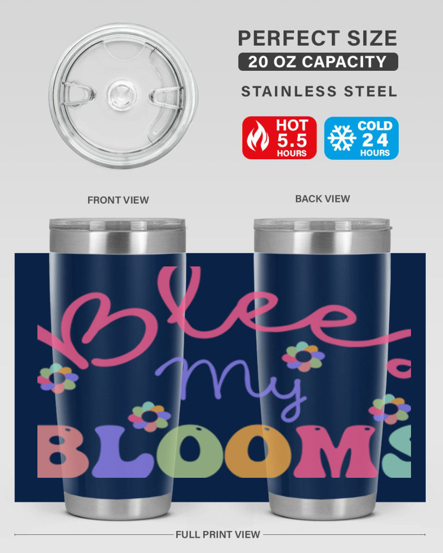Blees my blooms36# Spring Tumbler in vibrant colors, showcasing its double wall vacuum stainless steel design and drink-thru lid.