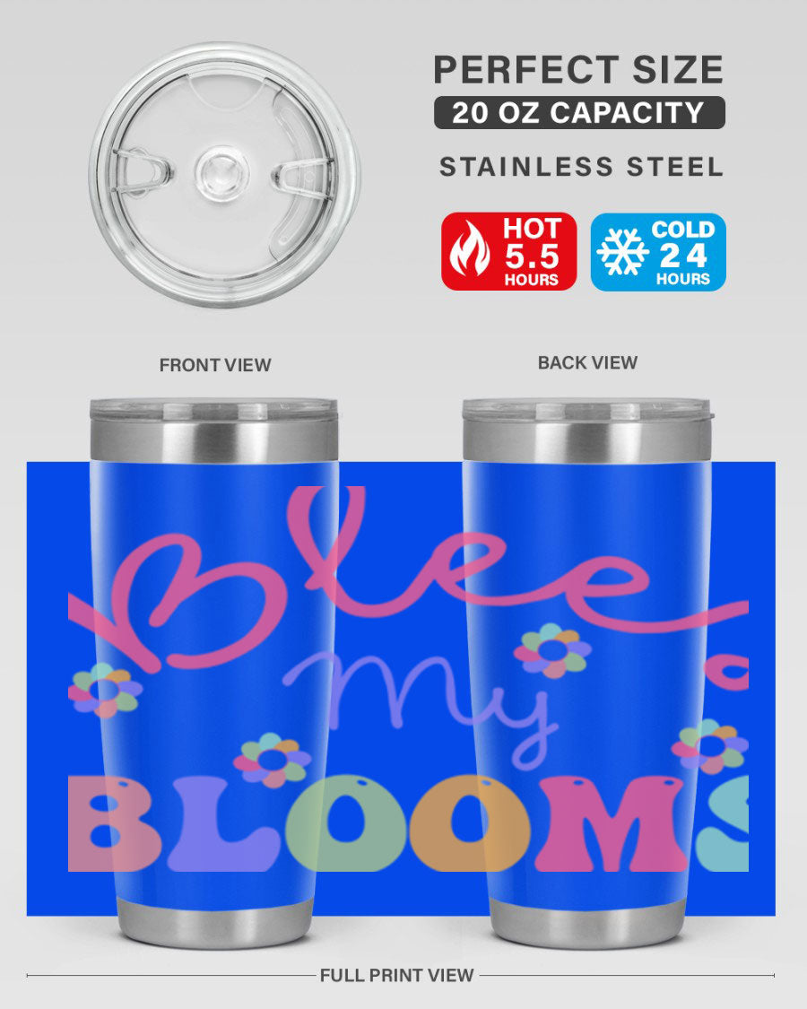 Blees my blooms36# Spring Tumbler in vibrant colors, showcasing its double wall vacuum stainless steel design and drink-thru lid.
