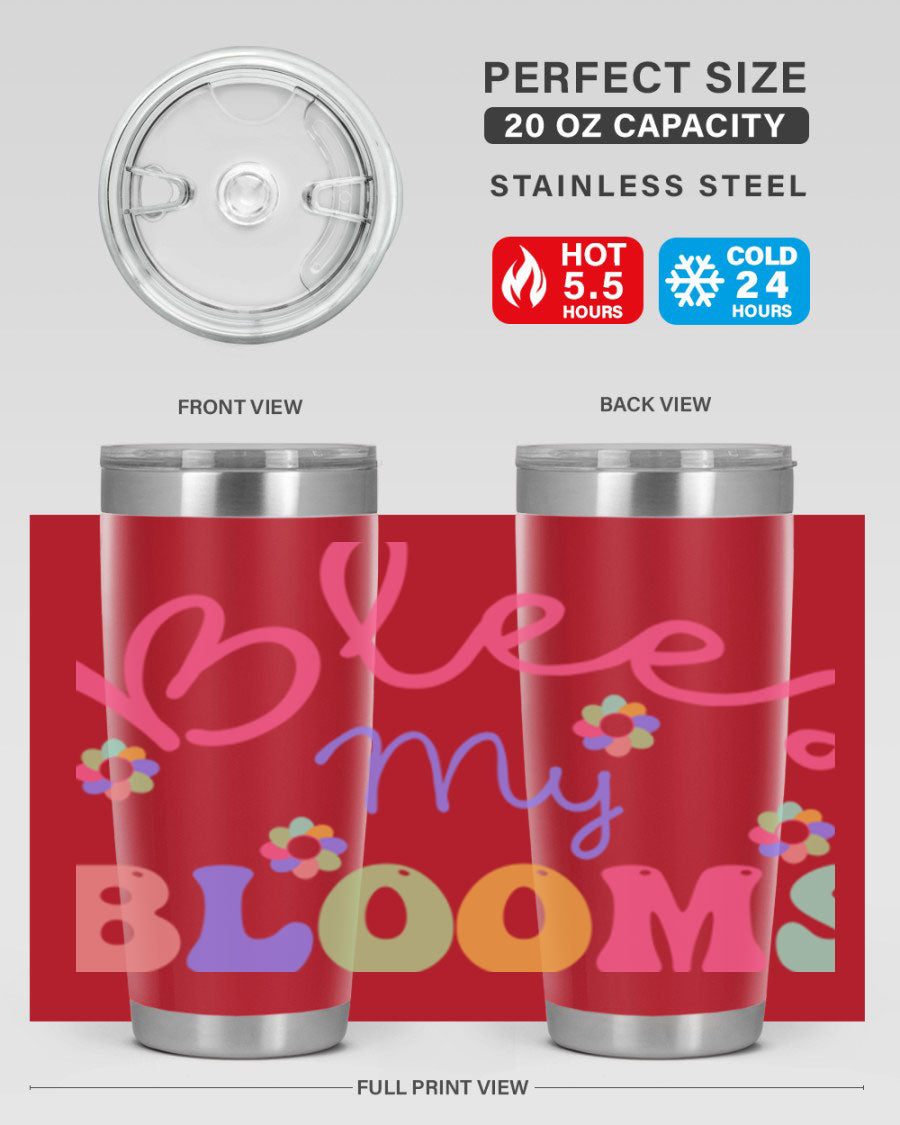 Blees my blooms36# Spring Tumbler in vibrant colors, showcasing its double wall vacuum stainless steel design and drink-thru lid.