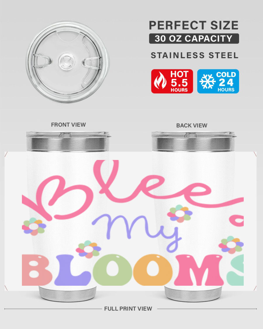 Blees my blooms36# Spring Tumbler in vibrant colors, showcasing its double wall vacuum stainless steel design and drink-thru lid.