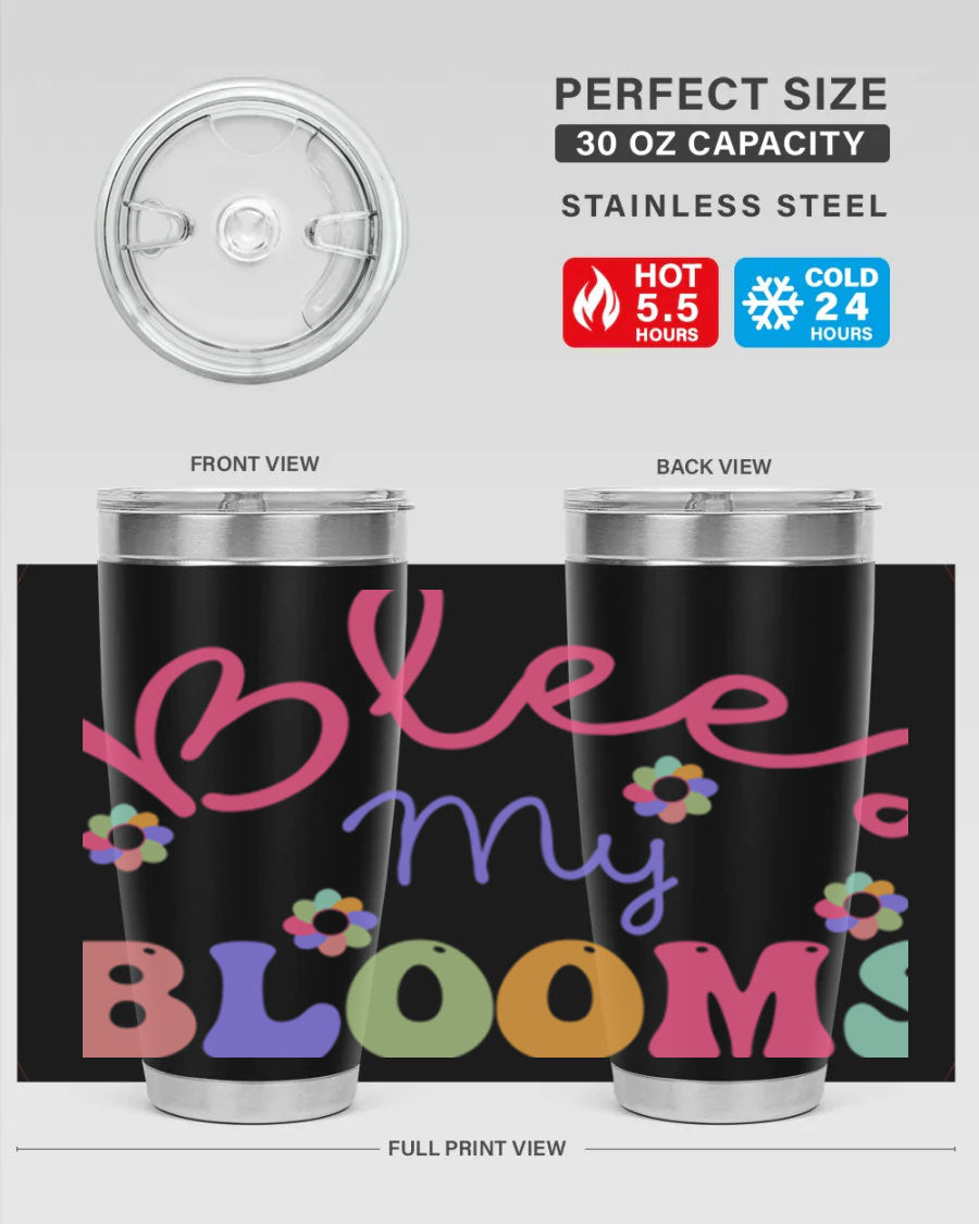 Blees my blooms36# Spring Tumbler in vibrant colors, showcasing its double wall vacuum stainless steel design and drink-thru lid.