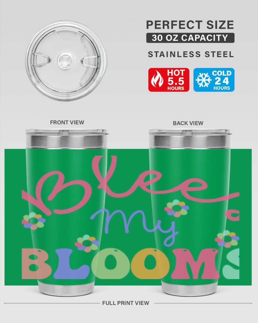 Blees my blooms36# Spring Tumbler in vibrant colors, showcasing its double wall vacuum stainless steel design and drink-thru lid.