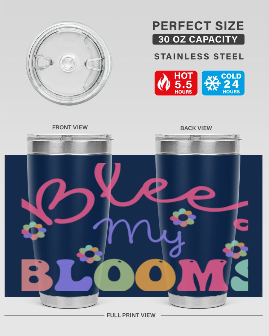 Blees my blooms36# Spring Tumbler in vibrant colors, showcasing its double wall vacuum stainless steel design and drink-thru lid.