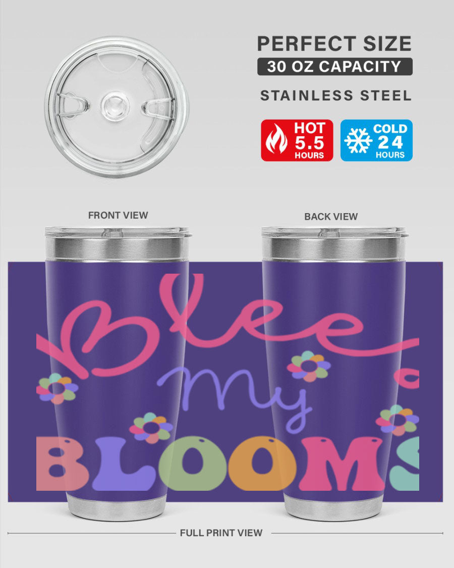 Blees my blooms36# Spring Tumbler in vibrant colors, showcasing its double wall vacuum stainless steel design and drink-thru lid.