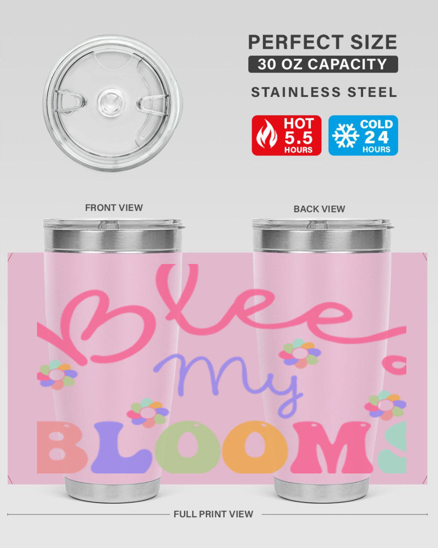 Blees my blooms36# Spring Tumbler in vibrant colors, showcasing its double wall vacuum stainless steel design and drink-thru lid.