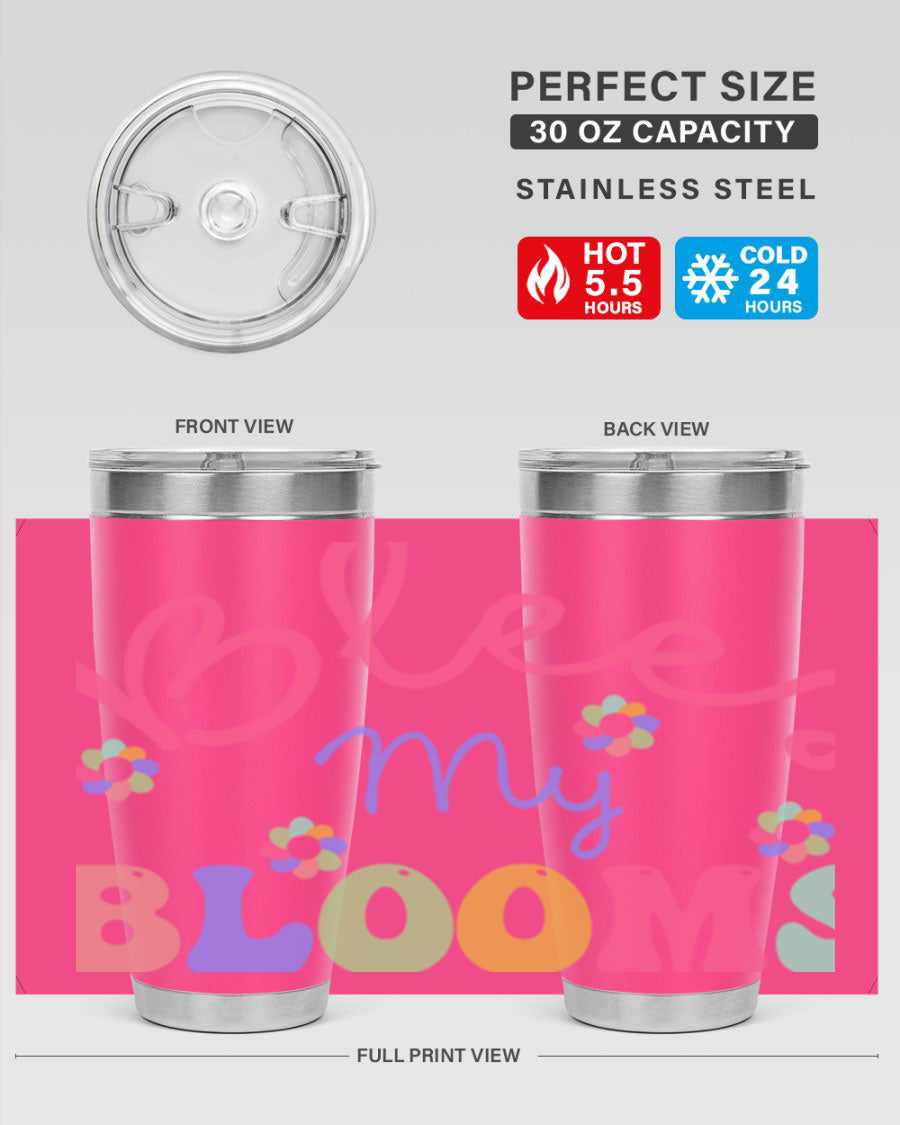 Blees my blooms36# Spring Tumbler in vibrant colors, showcasing its double wall vacuum stainless steel design and drink-thru lid.