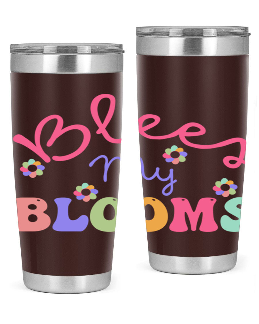 Blees my blooms36# Spring Tumbler in vibrant colors, showcasing its double wall vacuum stainless steel design and drink-thru lid.
