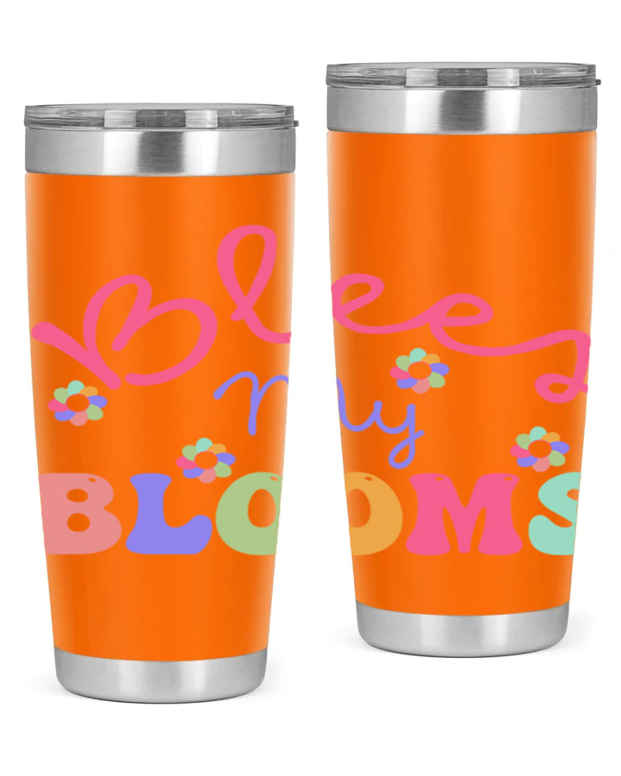 Blees my blooms36# Spring Tumbler in vibrant colors, showcasing its double wall vacuum stainless steel design and drink-thru lid.