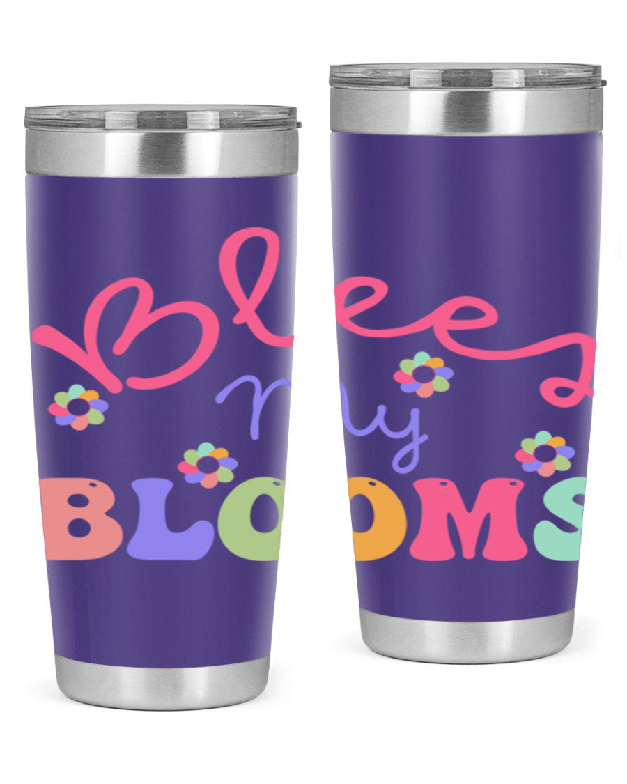 Blees my blooms36# Spring Tumbler in vibrant colors, showcasing its double wall vacuum stainless steel design and drink-thru lid.