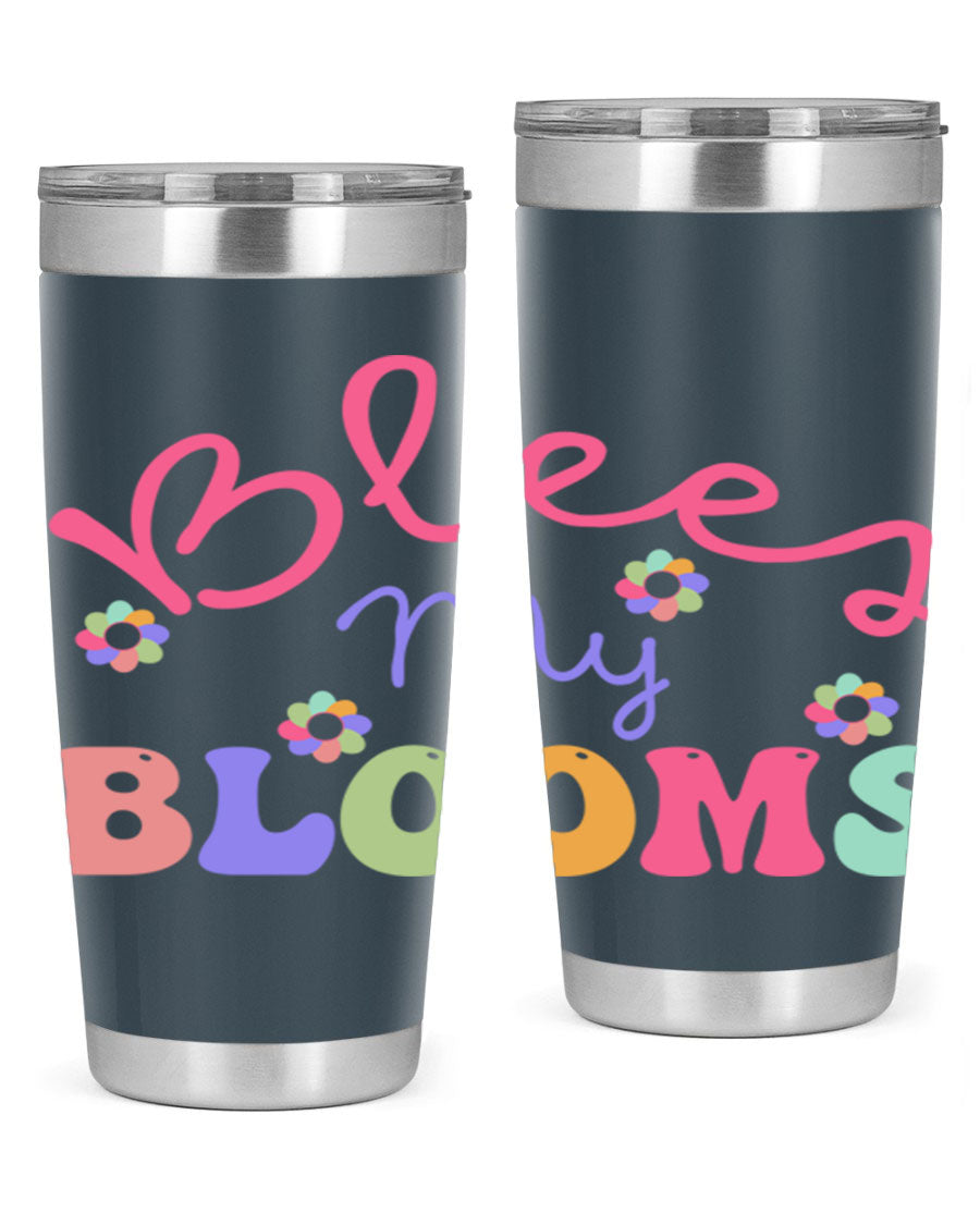 Blees my blooms36# Spring Tumbler in vibrant colors, showcasing its double wall vacuum stainless steel design and drink-thru lid.