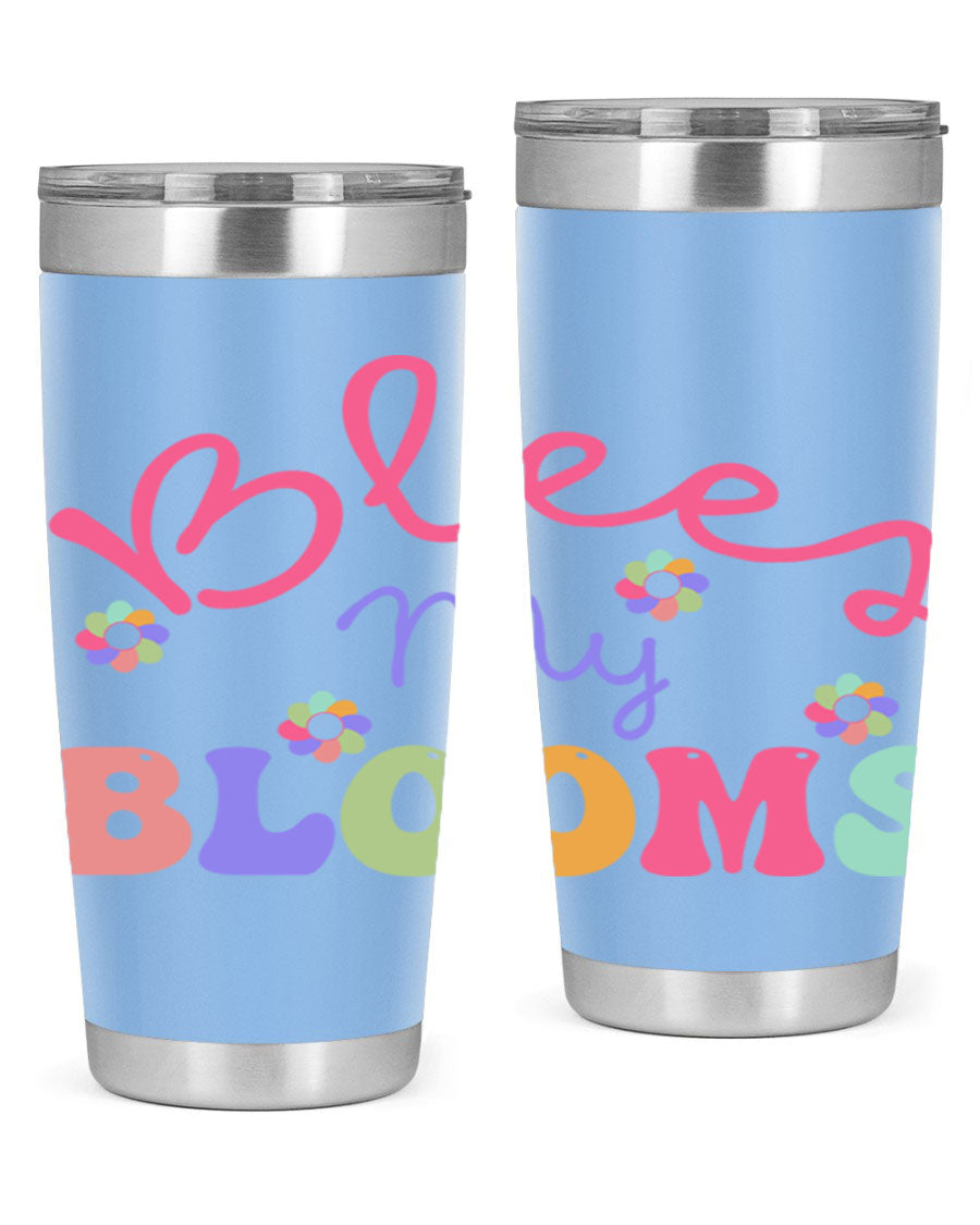 Blees my blooms36# Spring Tumbler in vibrant colors, showcasing its double wall vacuum stainless steel design and drink-thru lid.