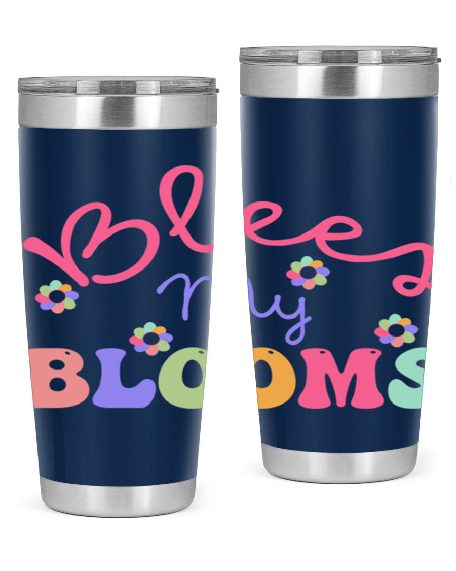 Blees my blooms36# Spring Tumbler in vibrant colors, showcasing its double wall vacuum stainless steel design and drink-thru lid.