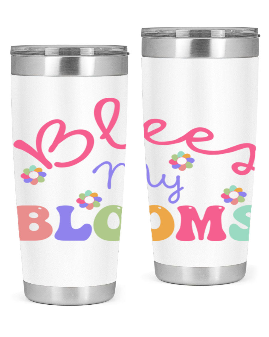 Blees my blooms36# Spring Tumbler in vibrant colors, showcasing its double wall vacuum stainless steel design and drink-thru lid.