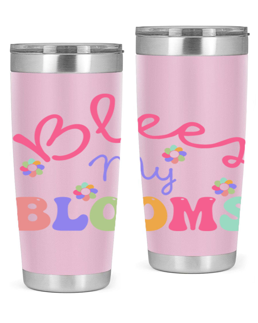 Blees my blooms36# Spring Tumbler in vibrant colors, showcasing its double wall vacuum stainless steel design and drink-thru lid.