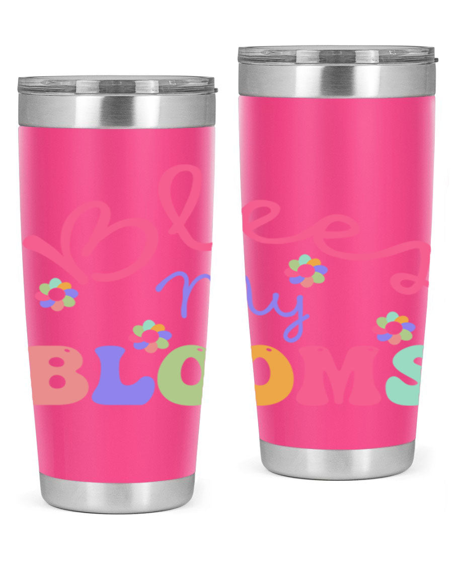 Blees my blooms36# Spring Tumbler in vibrant colors, showcasing its double wall vacuum stainless steel design and drink-thru lid.