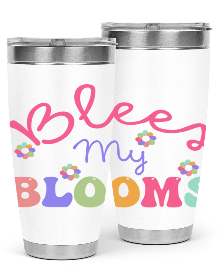 Blees my blooms36# Spring Tumbler in vibrant colors, showcasing its double wall vacuum stainless steel design and drink-thru lid.