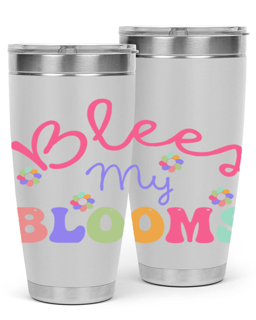 Blees my blooms36# Spring Tumbler in vibrant colors, showcasing its double wall vacuum stainless steel design and drink-thru lid.