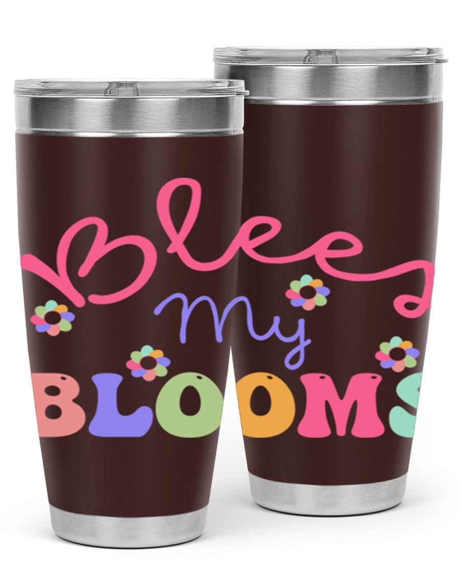 Blees my blooms36# Spring Tumbler in vibrant colors, showcasing its double wall vacuum stainless steel design and drink-thru lid.