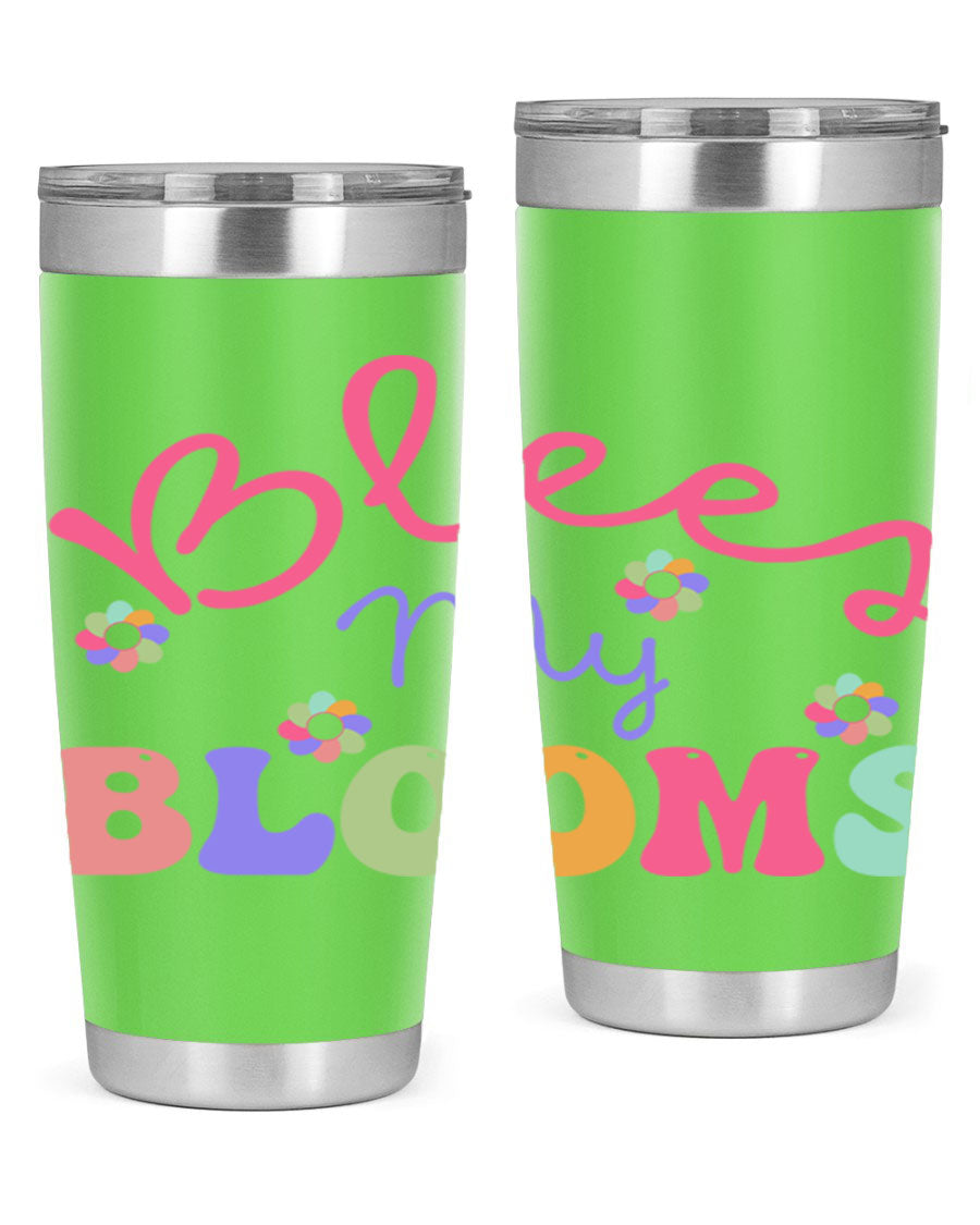 Blees my blooms36# Spring Tumbler in vibrant colors, showcasing its double wall vacuum stainless steel design and drink-thru lid.