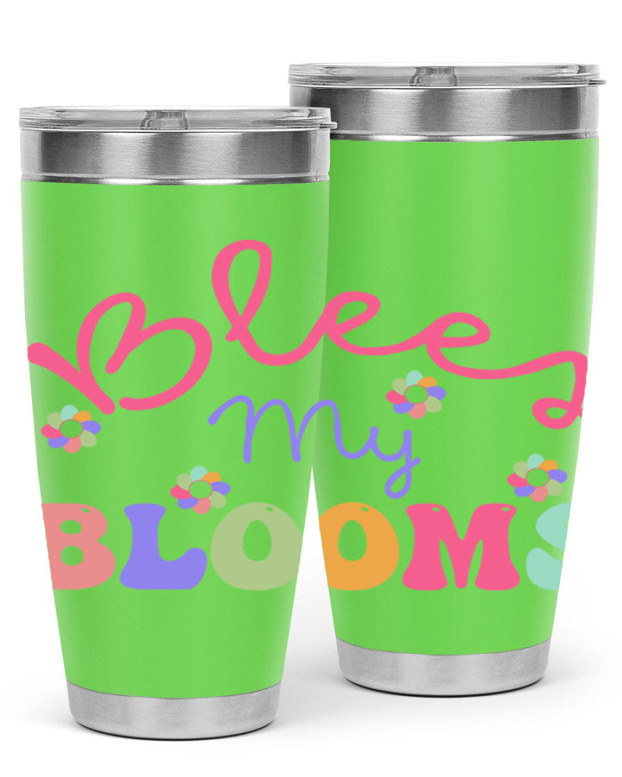 Blees my blooms36# Spring Tumbler in vibrant colors, showcasing its double wall vacuum stainless steel design and drink-thru lid.