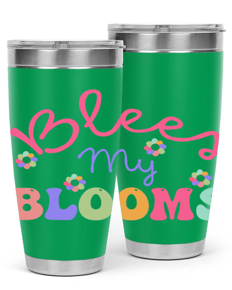Blees my blooms36# Spring Tumbler in vibrant colors, showcasing its double wall vacuum stainless steel design and drink-thru lid.
