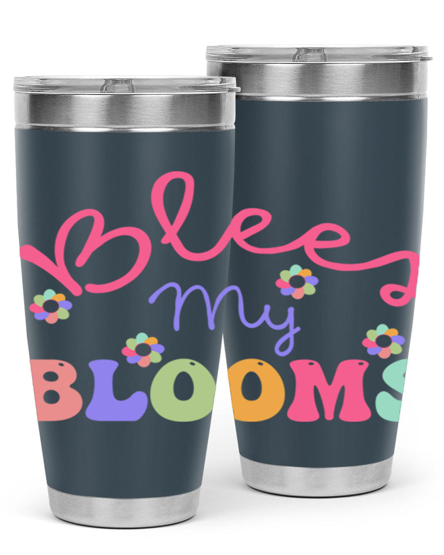 Blees my blooms36# Spring Tumbler in vibrant colors, showcasing its double wall vacuum stainless steel design and drink-thru lid.