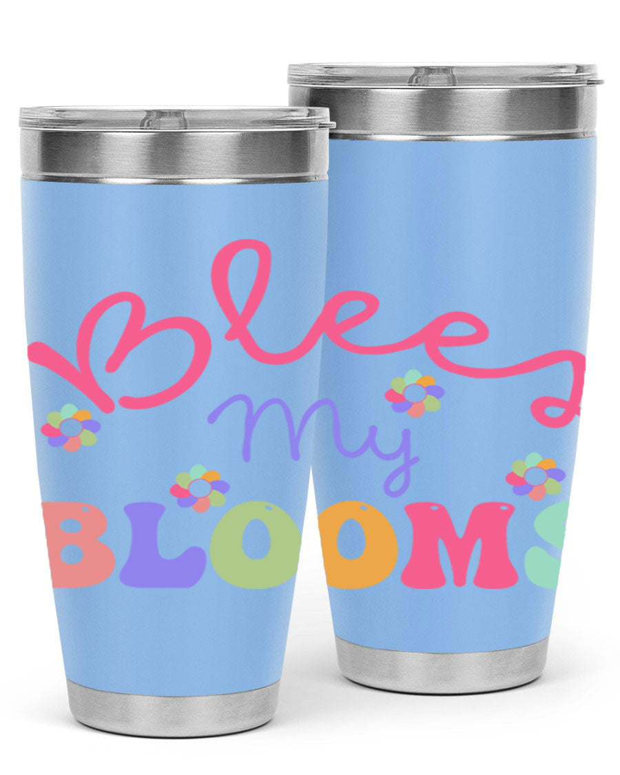 Blees my blooms36# Spring Tumbler in vibrant colors, showcasing its double wall vacuum stainless steel design and drink-thru lid.