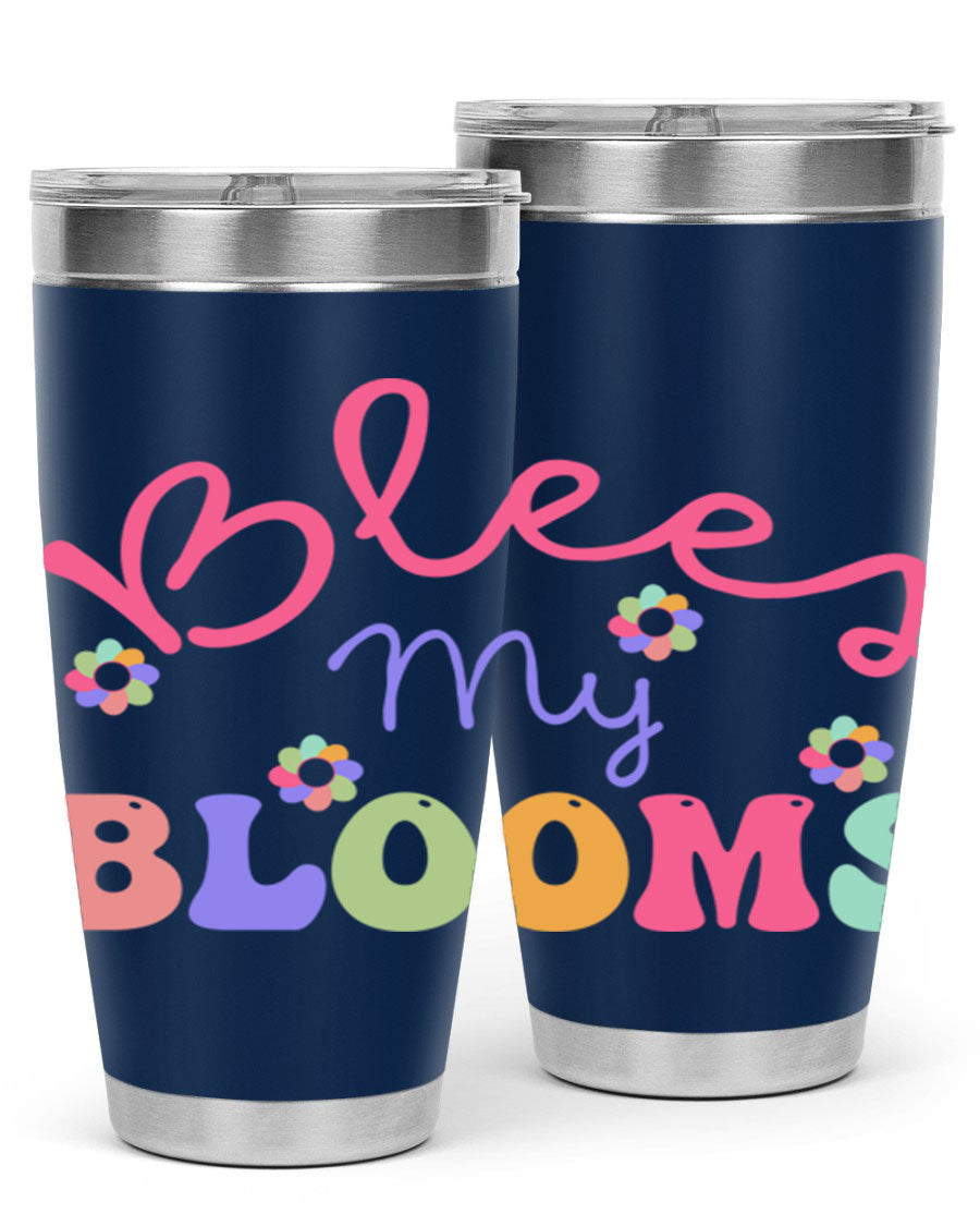 Blees my blooms36# Spring Tumbler in vibrant colors, showcasing its double wall vacuum stainless steel design and drink-thru lid.