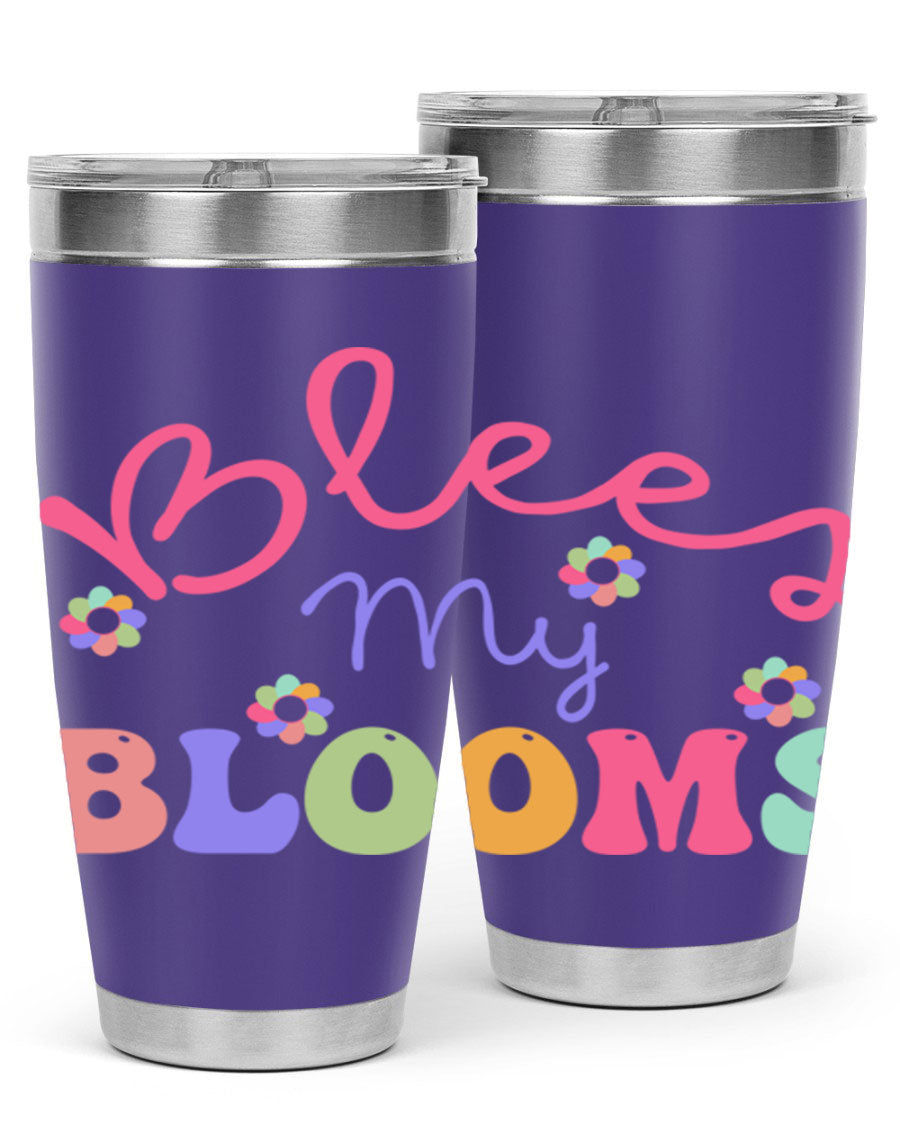 Blees my blooms36# Spring Tumbler in vibrant colors, showcasing its double wall vacuum stainless steel design and drink-thru lid.